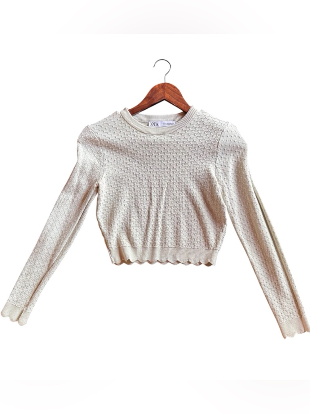 Zara Light Green Textured Scalloped-Hem Cropped Crewneck Sweater